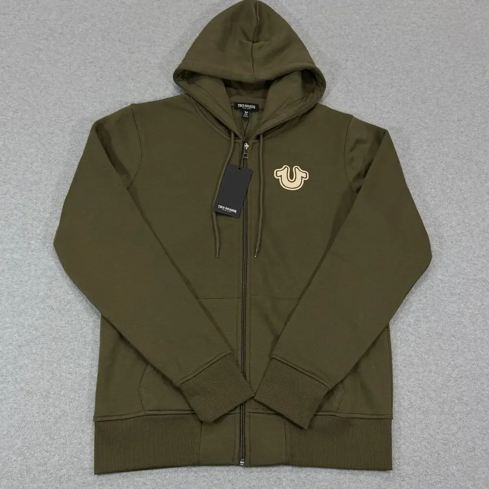 True Religion Core Zip Up Hoodie Mens Medium M Kalamata Olive Green Buddha NWT